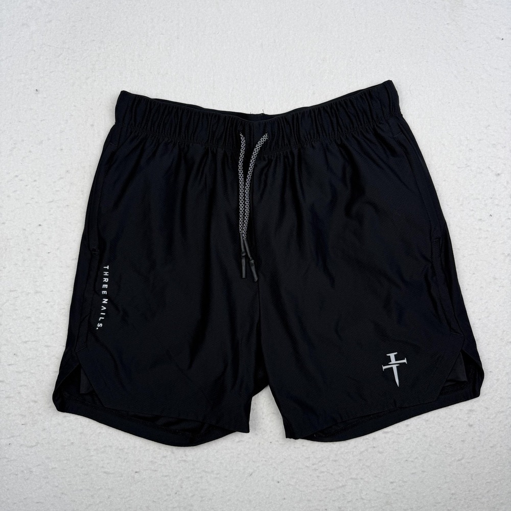 Three Nails Shorts Mens Large Black Lined Running Athletic 5 Inseam Drawstring